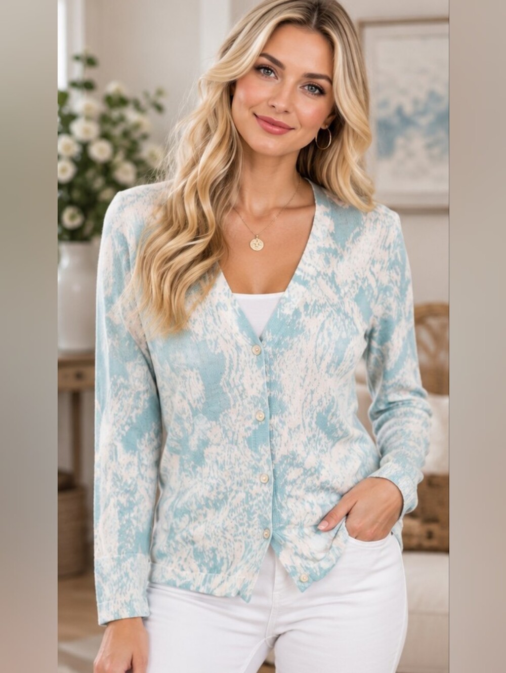 TALBOTS | Soft Aqua Cream Marled Button Front Cardigan | EUC | Size S